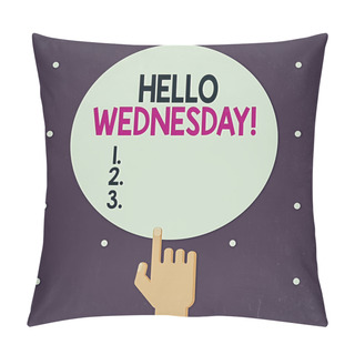 Personality  Word Writing Text Hello Wednesday. Business Concept For It Is A Good Day When You Reach In The Middle Of The Week Male Hu Analysis Hand Pointing Up Index Finger Touching Solid Color Circle. Pillow Covers