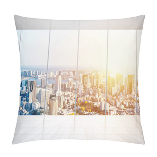 Personality  Business And Design Concept - Empty Marble Floor And Window With Panoramic Modern Cityscape Building Bird Eye Aerial View Of Tokyo, Japan, For Display Or Mock Up Pillow Covers