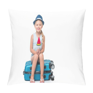 Personality Happy Child Sitting On Suitcase Pillow Covers