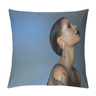 Personality  Profile Of Tattooed Woman With Dark Makeup, Shiny Earring And Closed Eyes On Blue Grey Backdrop Pillow Covers