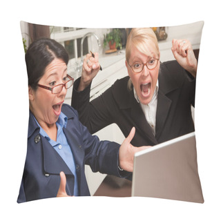 Personality  Two Women Using Laptop Celebrate Success Pillow Covers