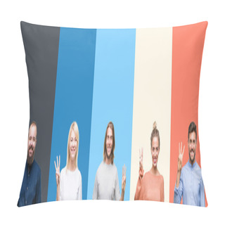 Personality  Collage Of Casual Young People Over Colorful Stripes Isolated Background Showing And Pointing Up With Fingers Number Three While Smiling Confident And Happy. Pillow Covers