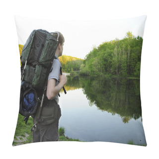 Personality  Teenage Hiker Standing By Sunrise Lake Pillow Covers