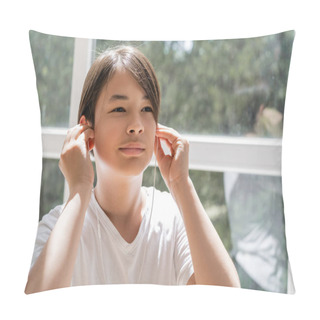 Personality  Preteen Asian Child Using Earphones Near Window At Home  Pillow Covers