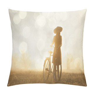 Personality  Girl And On A Bike In The Countryside In Sunrise Time Pillow Covers