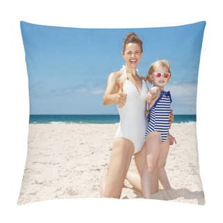 Personality  Happy Mother And Child In Swimsuits At Beach Showing Thumbs Up Pillow Covers