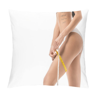 Personality  Cropped Shot Of African American Girl In Underwear Measuring Leg With Tape Isolated On White Pillow Covers