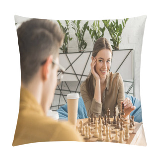 Personality  Young Woman Playing Chess And Flirting With Opponent Pillow Covers