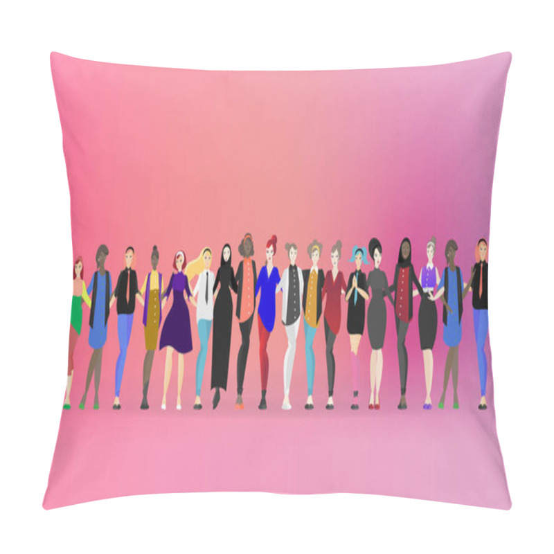 Personality  Beautiful women diverse standing together. In different clothes  pillow covers