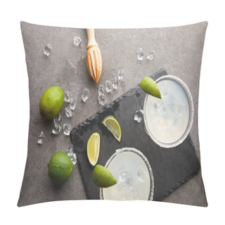 Personality  Top View Of Margarita Cocktails With Pieces Of Lime, Ice Cubes And Wooden Squeezer On Grey Tabletop Pillow Covers