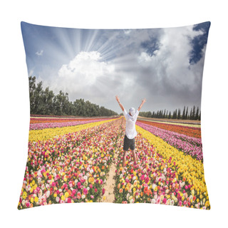 Personality  Tourist With Arms Raised On Flower Field Pillow Covers