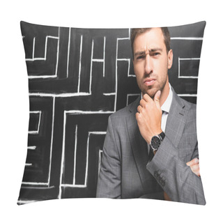 Personality  Handsome And Pensive Businessman In Suit Standing Near Labyrinth Pillow Covers