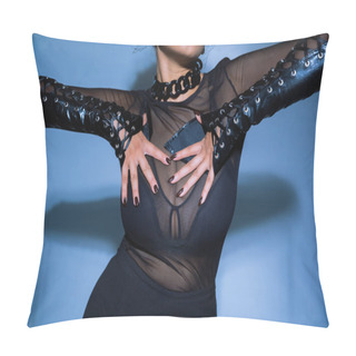 Personality  Cropped View Of Stylish African American Woman With Laced-up Sleeves Posing On Blue Pillow Covers