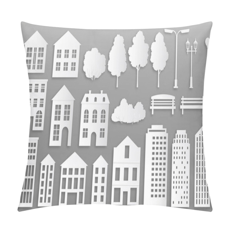 Personality  Paper cut buildings. House mansions silhouettes, white origami city cottage, town houses with park elements. Vector origami buildings pillow covers