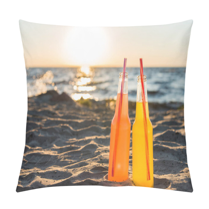 Personality  Close-up View Of Glass Bottles With Refreshing Beverages And Drinking Straws On Sandy Beach At Sunset Pillow Covers