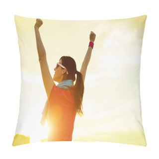 Personality  Sportswoman With Arms Up Celebrating Success Pillow Covers