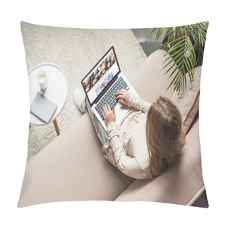 Personality  High Angle View Of Woman At Home Sitting On Couch And Using Laptop With Shutterstock Homepage On Screen Pillow Covers
