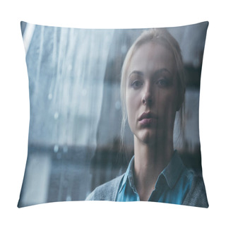 Personality  Selective Focus Of Sad Adult Woman At Home Looking At Camera Through Window With Raindrops Pillow Covers