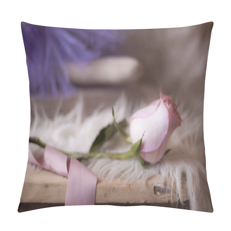 Personality  Closeup Of Fresh Pink Rose Placed With Pink Ribbon Placed On Wooden Table Pillow Covers