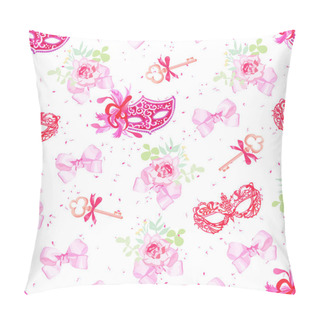 Personality  Bright Carnival Masks, Vintage Keys And Small Floral Bouquets Wi Pillow Covers