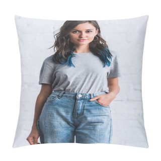 Personality  Selective Focus Of Young Woman In Empty Grey T-shirt In Front Of Brick Wall  Pillow Covers