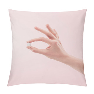 Personality  Partial View Of Woman Holding Medicine In Hand Isolated On Pink Pillow Covers