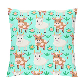 Personality  Seamless Pattern With Stylized Farm Animals And Flowers. Vector Background With Goat And Cow. Pillow Covers