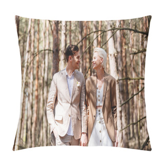 Personality  Front View Of Smiling Couple Walking In Forest And  Holding Hands Pillow Covers