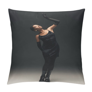 Personality  Full Length Of Fashionable Young African American Woman In Elegant Dress And Gloves Looking Up While Posing On Black Background With Lighting, High Fashion And Evening Look Pillow Covers