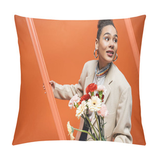 Personality  Chic Stylish Fashionista In Trendy Street Outfit Holding Orange Framework And Flower Bouquet Pillow Covers