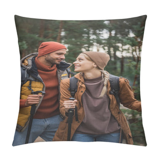 Personality  Smiling Young Couple With Backpacks Trekking Together With Hiking Sticks And Looking At Each Other  Pillow Covers