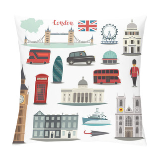 Personality  London Vector Illustration Big Collection. Cartoon United Kingdom Icons: Royal Guard, Bridge Tower And Red Bus. Westminster Abbey And Big Ben Architecture. Tourist Landmarks And Attraction Pillow Covers