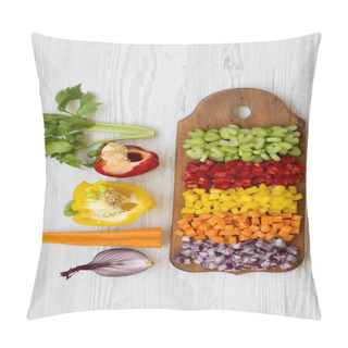 Personality  Chopped Fresh Vegetables (carrot, Celery, Onion, Colored Peppers) Arranged On Cutting Board On White Wooden Table, Top View. Pillow Covers