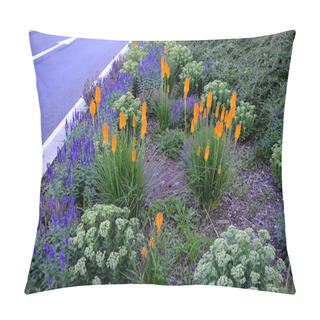 Personality  Lush Flower Bed With Sage Blue And Purple Flower Combined With Yellow Ornamental Grasses Lush Green Color Perennial Prairie Flower Bed In The City, Top, Drone View, Street, Perennial, Steppe, Parking Pillow Covers