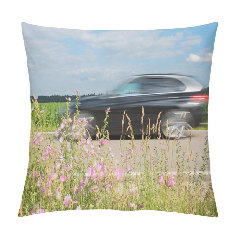 Personality  very fast black car driving on the road, perspective from roadside green space with wildflowers pillow covers