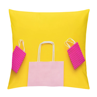Personality  Top View Of Pink Shopping Bags On Yellow Background  Pillow Covers