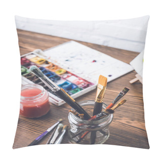 Personality  Selective Focus Of Watercolor Paints And Paintbrushes At Designer Workplace Pillow Covers