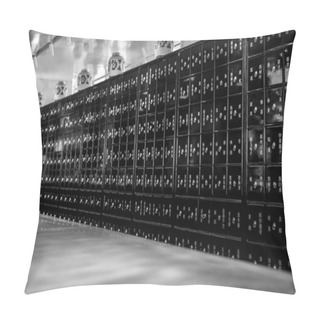 Personality  Chinese Vintage Pharmacy Cabinet As Background Black-white Photo. Pillow Covers