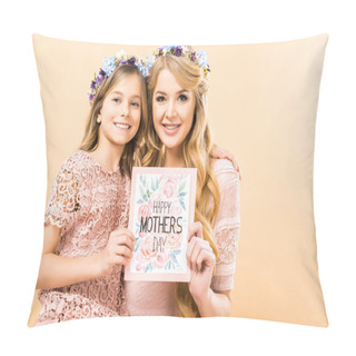Personality  Smiling Mother And Daughter In Floral Wreaths Holding Happy Mothers Day Greeting Card On Yellow Background Pillow Covers