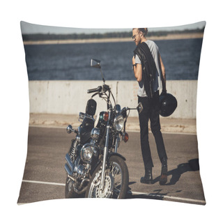 Personality  Young Biker With Chopper Motorcycle In City With River Pillow Covers