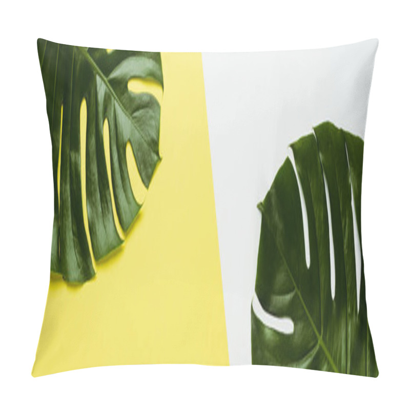 Personality  Top View Of Green Palm Leaves On White And Yellow Background, Panoramic Shot Pillow Covers