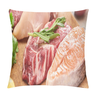 Personality  Panoramic Shot Of Raw Meat With Rosemary Twig Near Salmon And Chicken With Greenery On Wooden Cutting Board Pillow Covers