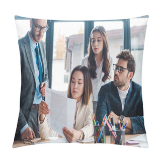Personality  Selective Focus Of Businessmen Looking At Documents Near Multicultural Businesswoman In Office Pillow Covers