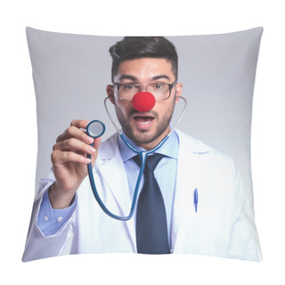 Personality  Young Doctor Listens To You At Stethoscope With Red Nose Pillow Covers