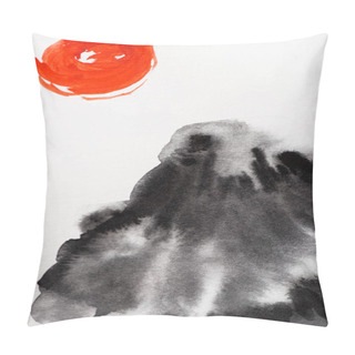 Personality  Japanese Painting With Grey Hill And Sun On White Background Pillow Covers