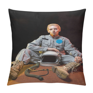 Personality  Beautiful Female Cosmonaut In Spacesuit Holding Helmet And Sitting On Planet Pillow Covers