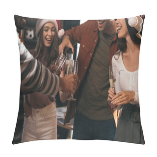 Personality  Cropped View Of Businessman Pouring Champagne In Glasses Of Happy Colleagues In Santa Hats Pillow Covers