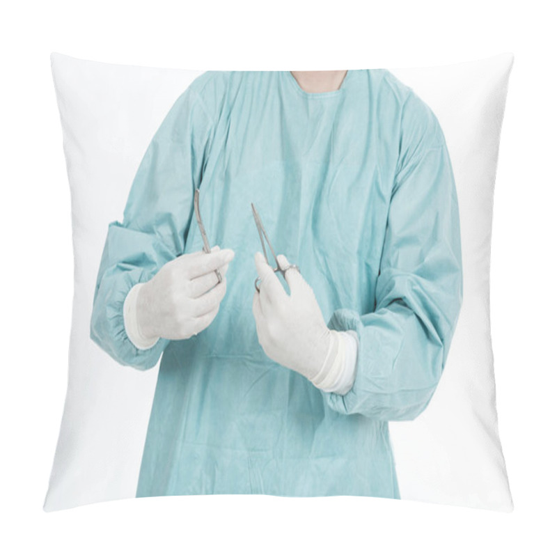 Personality  Professional Medical Career Concept. Chinese Surgeon In Mid 40s With Mask, Hair Cap, Gloves, Surgeon Cloth Isolated In White. Holding Surgery Scissor. Pillow Covers