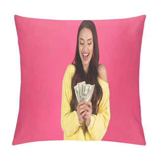 Personality  Excited Young Adult Woman Holding Dollar Banknotes In Hands Isolated On Pink Pillow Covers