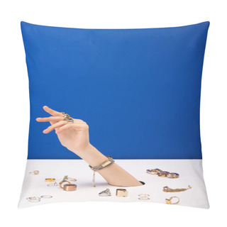 Personality  Cropped View Of Woman With Bracelet On Hand Near Golden Rings Isolated On Blue Pillow Covers